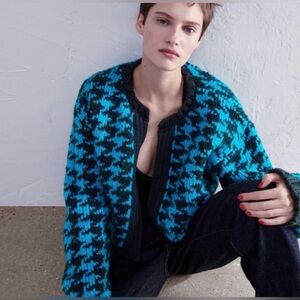 Zara houndstooth knit open-front cardigan in blue and black Medium
